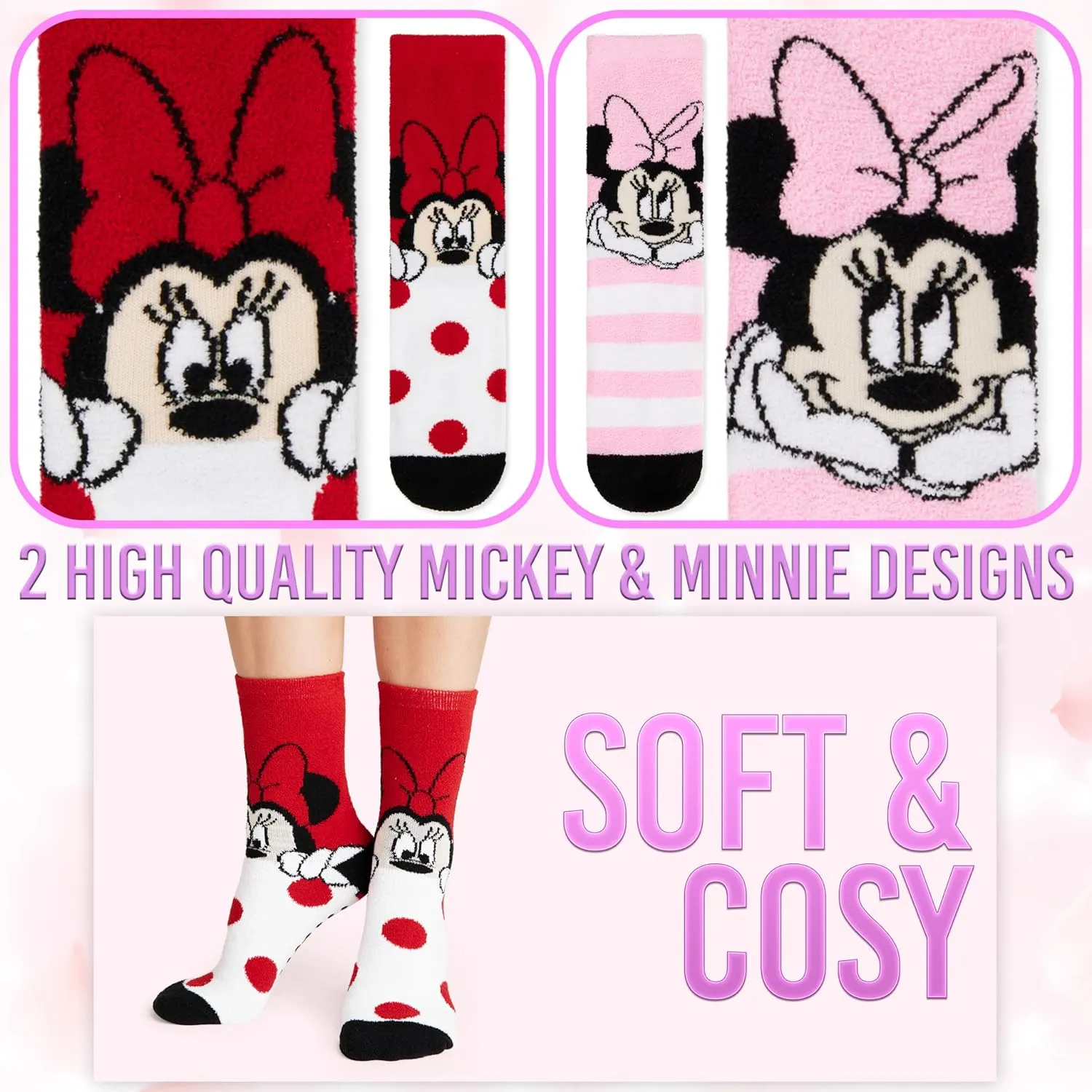 Disney Stitch Slippers Socks Women 2 Pack Fluffy Socks Non Slip Fleece Bed Socks Stitch Minnie Mickey Mouse Baby Yoda