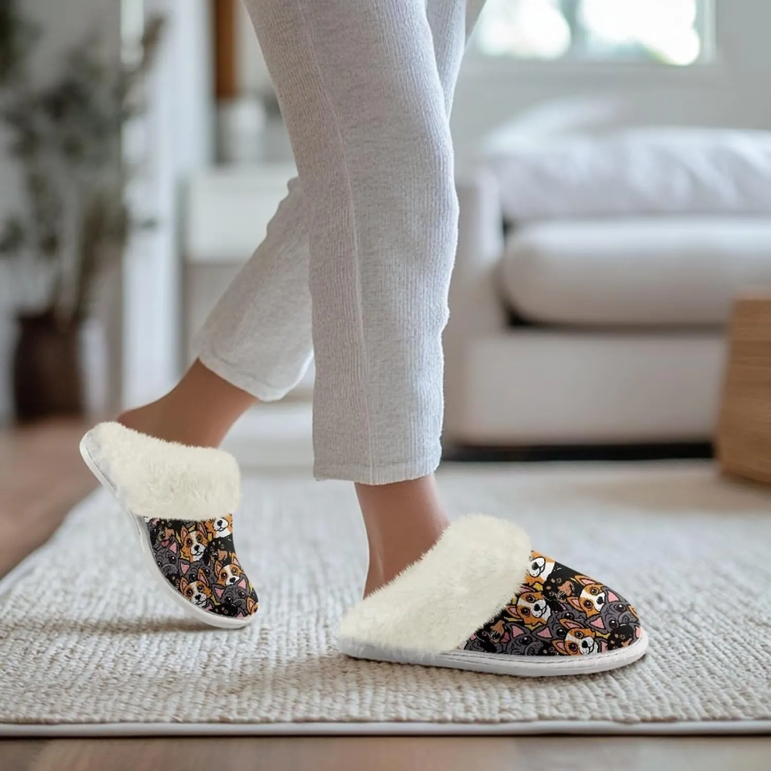 Dog Print Women Cotton Slippers Mens Slippers Fuzzy House Slippers for Women Memory Foam Plush Slippers Fully Flannel Lined Non Slip Shoes for Winter