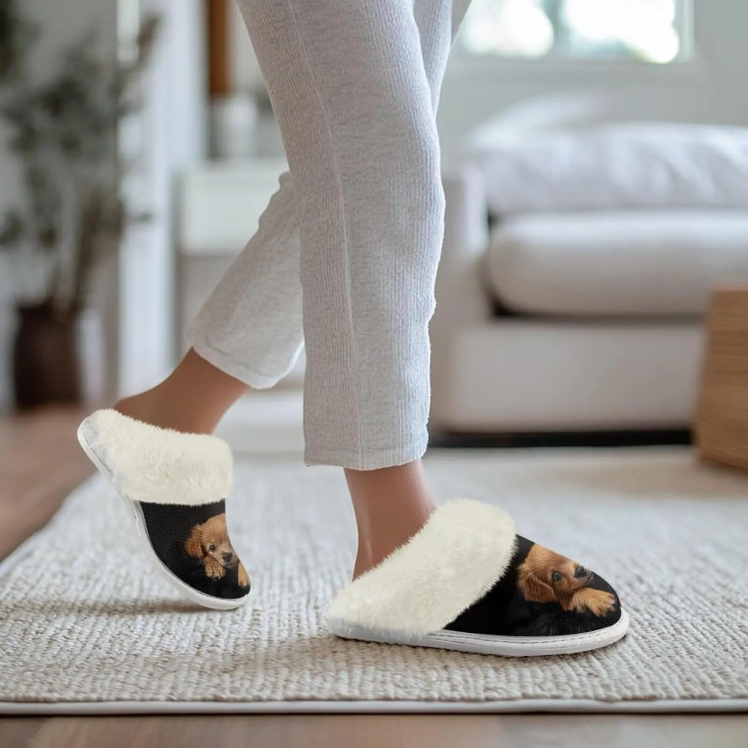 Dog Print Women Cotton Slippers Mens Slippers Fuzzy House Slippers for Women Memory Foam Plush Slippers Fully Flannel Lined Non Slip Shoes for Winter