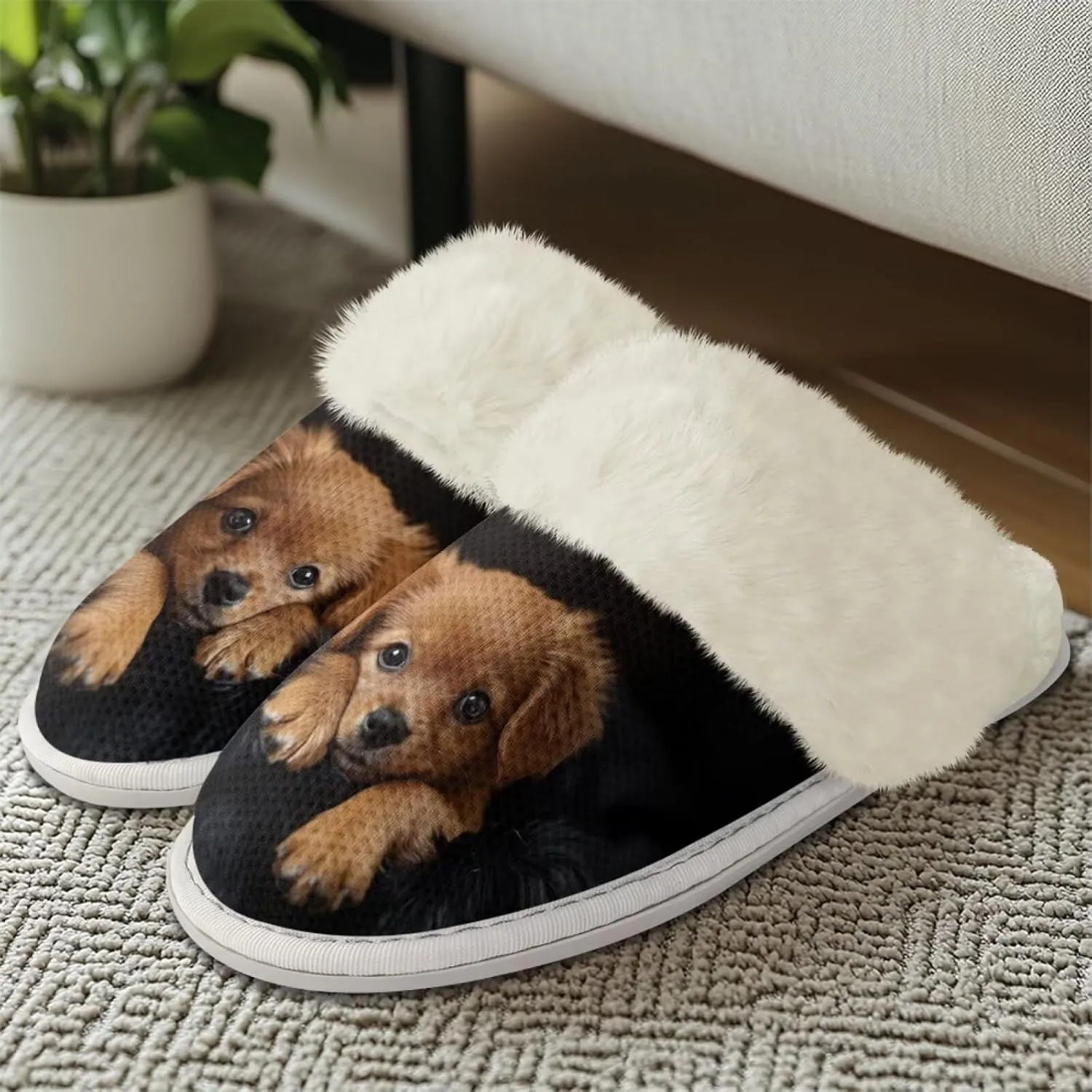 Dog Print Women Cotton Slippers Mens Slippers Fuzzy House Slippers for Women Memory Foam Plush Slippers Fully Flannel Lined Non Slip Shoes for Winter