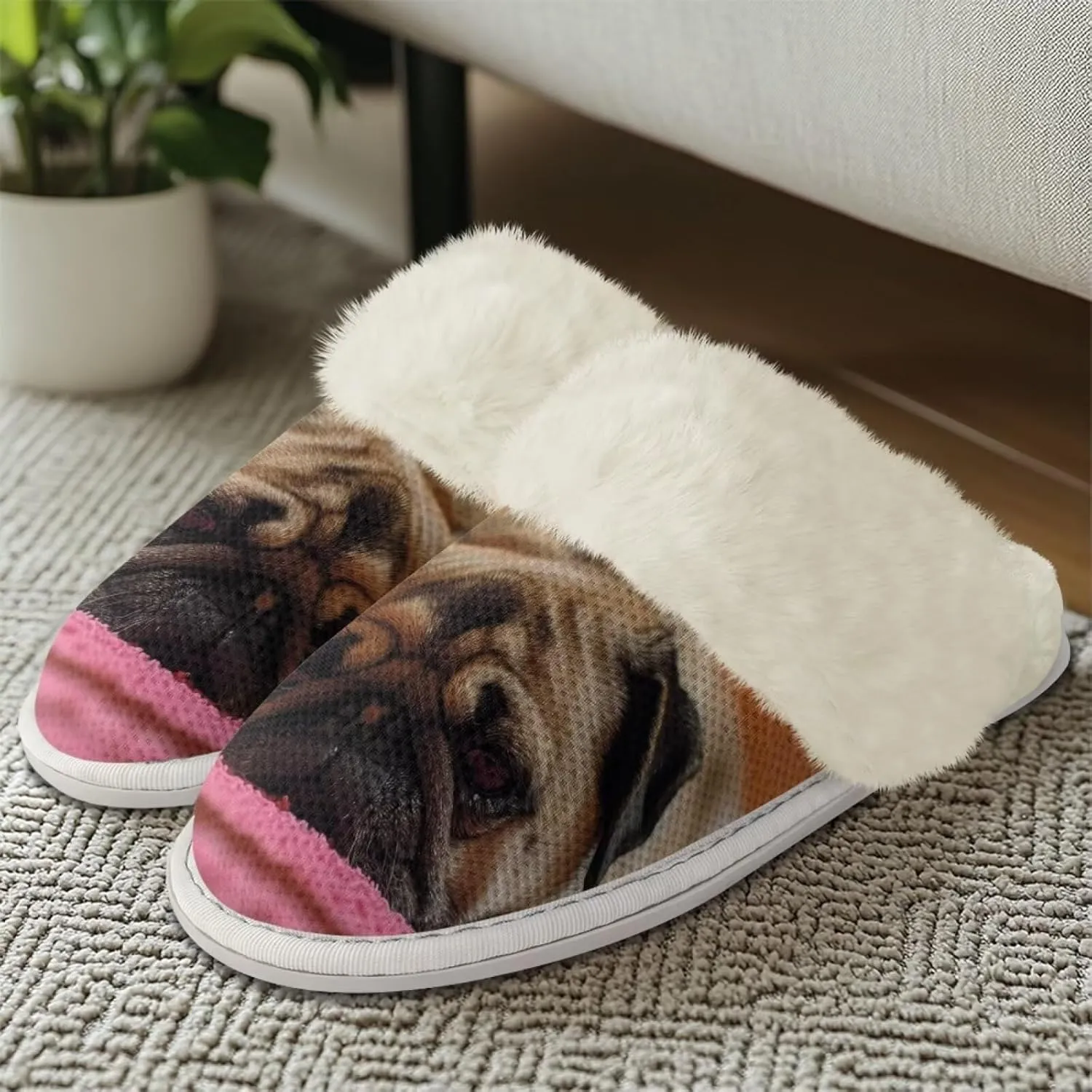 Dog Print Women Cotton Slippers Mens Slippers Fuzzy House Slippers for Women Memory Foam Plush Slippers Fully Flannel Lined Non Slip Shoes for Winter