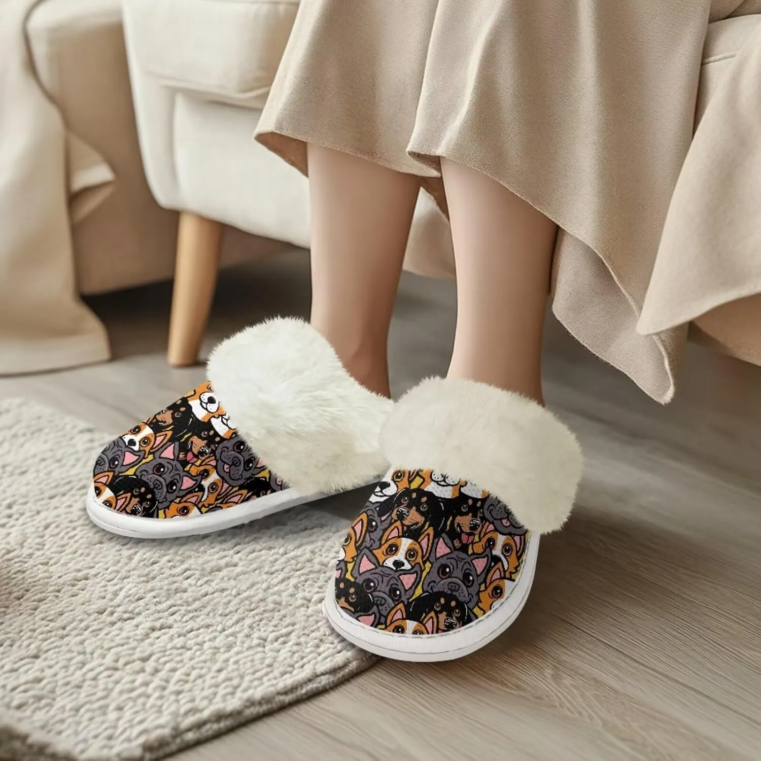 Dog Print Women Cotton Slippers Mens Slippers Fuzzy House Slippers for Women Memory Foam Plush Slippers Fully Flannel Lined Non Slip Shoes for Winter