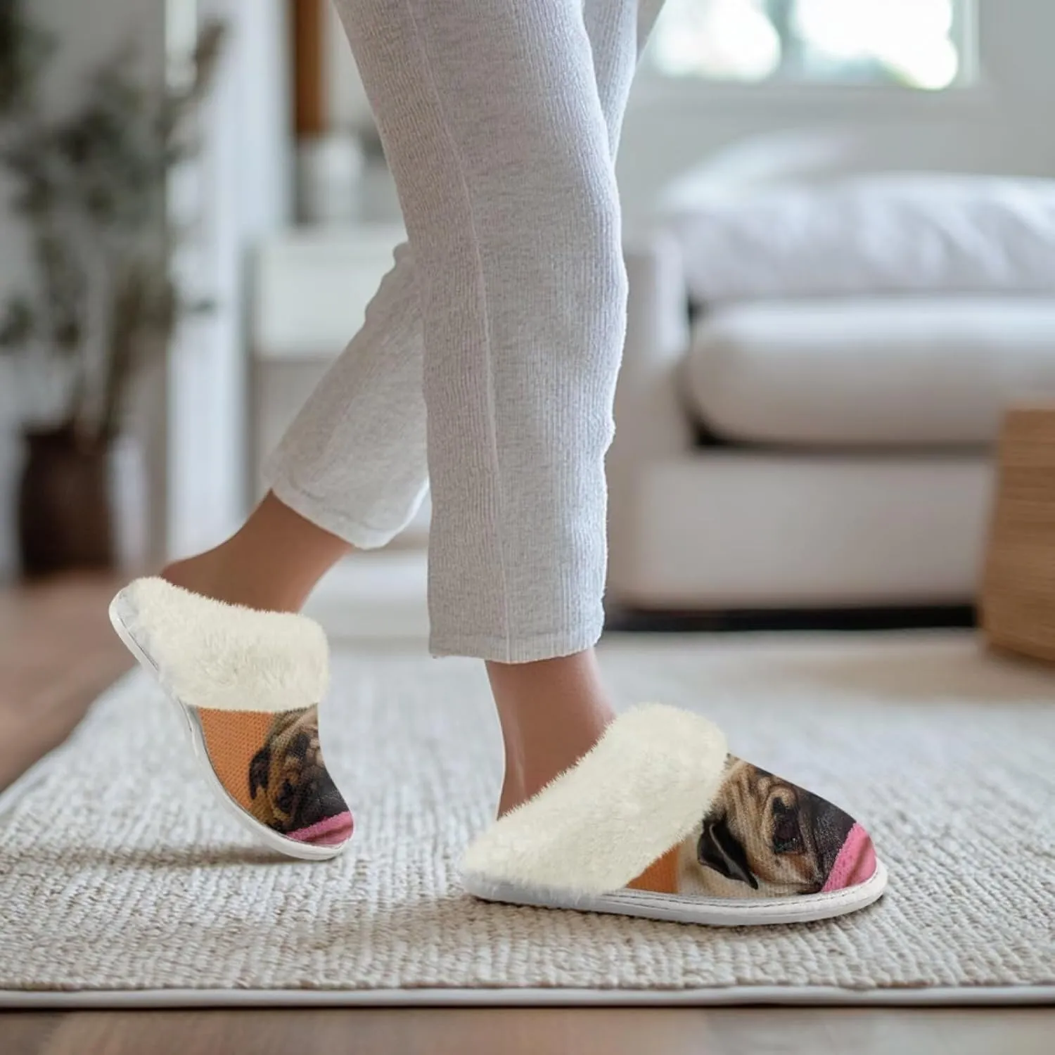 Dog Print Women Cotton Slippers Mens Slippers Fuzzy House Slippers for Women Memory Foam Plush Slippers Fully Flannel Lined Non Slip Shoes for Winter