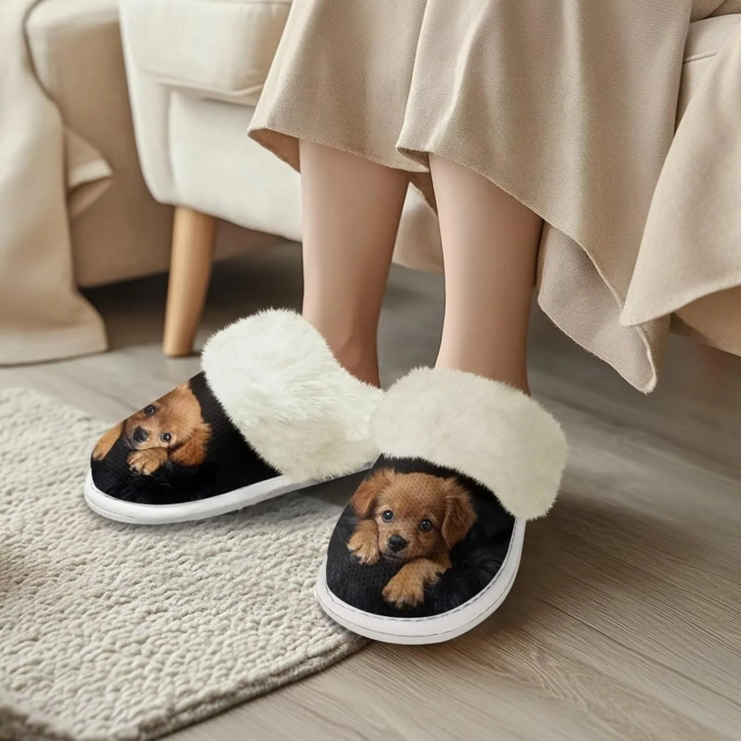 Dog Print Women Cotton Slippers Mens Slippers Fuzzy House Slippers for Women Memory Foam Plush Slippers Fully Flannel Lined Non Slip Shoes for Winter
