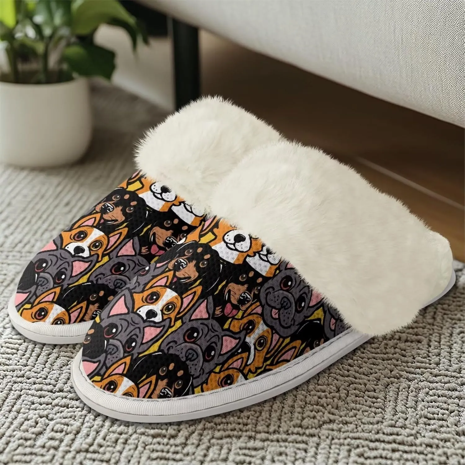 Dog Print Women Cotton Slippers Mens Slippers Fuzzy House Slippers for Women Memory Foam Plush Slippers Fully Flannel Lined Non Slip Shoes for Winter