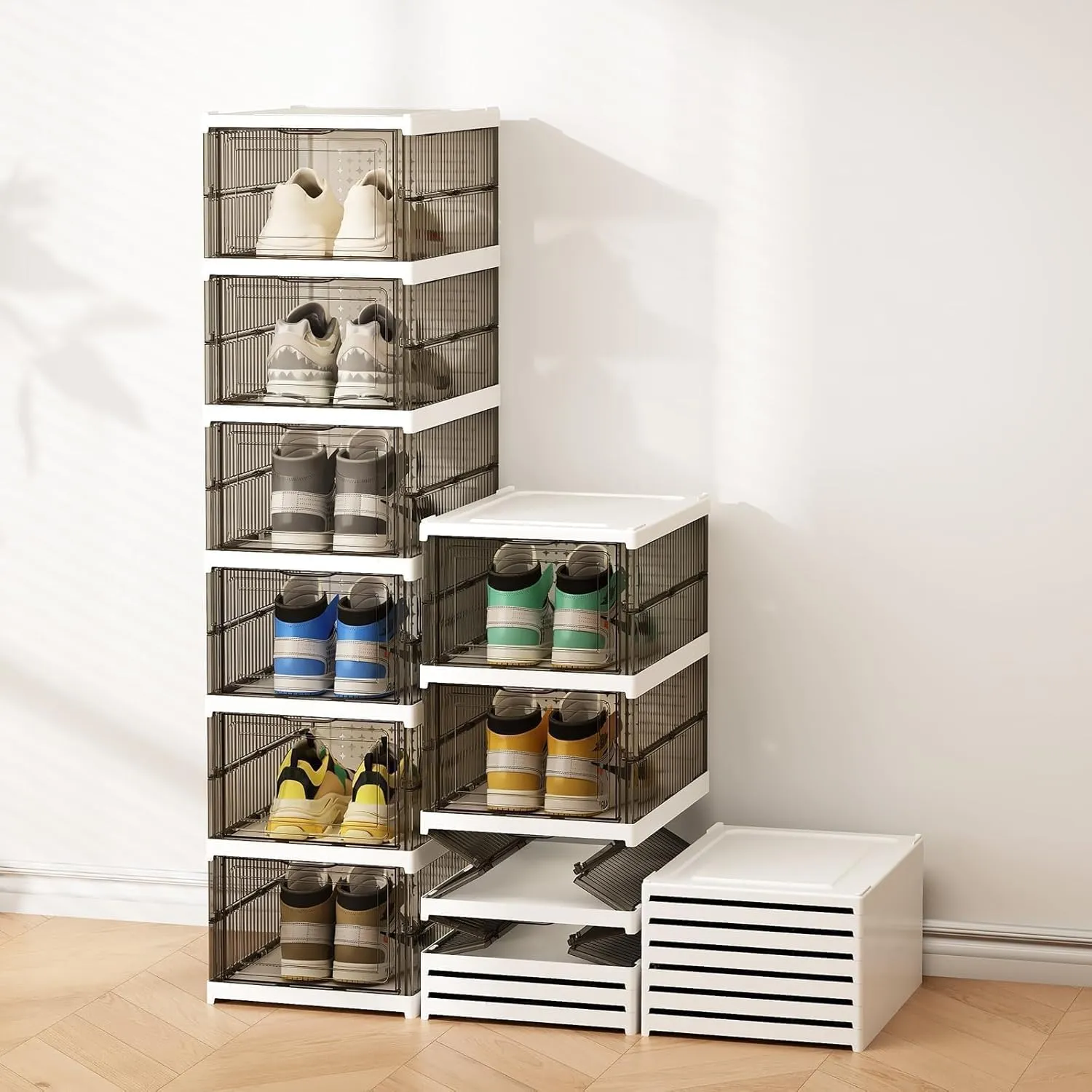 Drop Front Shoe Storage Box, No Assembly Stackable Shoe Organizer Storage Bin with Clear Door, Free Standing Shoe Shelf Cabinet with Lid, Plastic Shoe Rack for Closet Entryway, 6 Tier