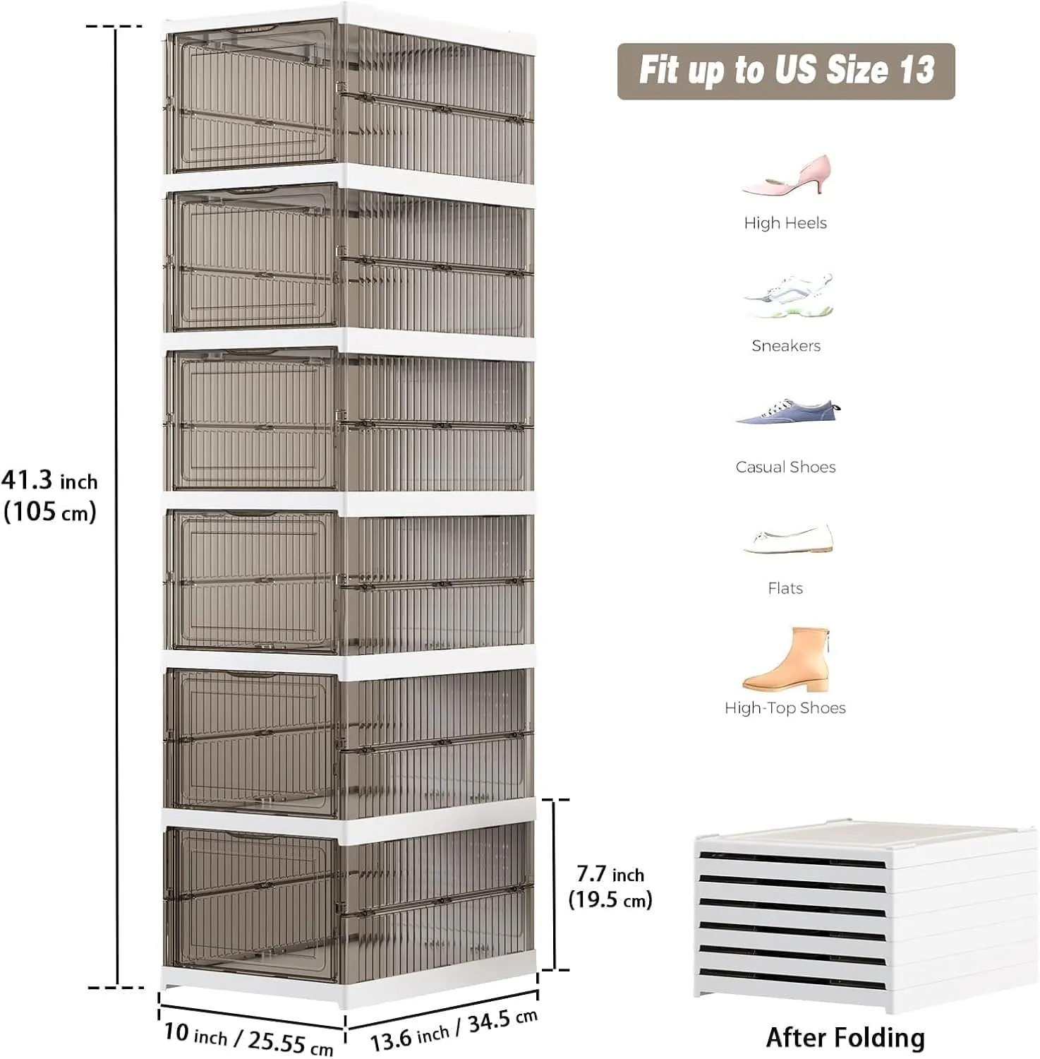 Drop Front Shoe Storage Box, No Assembly Stackable Shoe Organizer Storage Bin with Clear Door, Free Standing Shoe Shelf Cabinet with Lid, Plastic Shoe Rack for Closet Entryway, 6 Tier