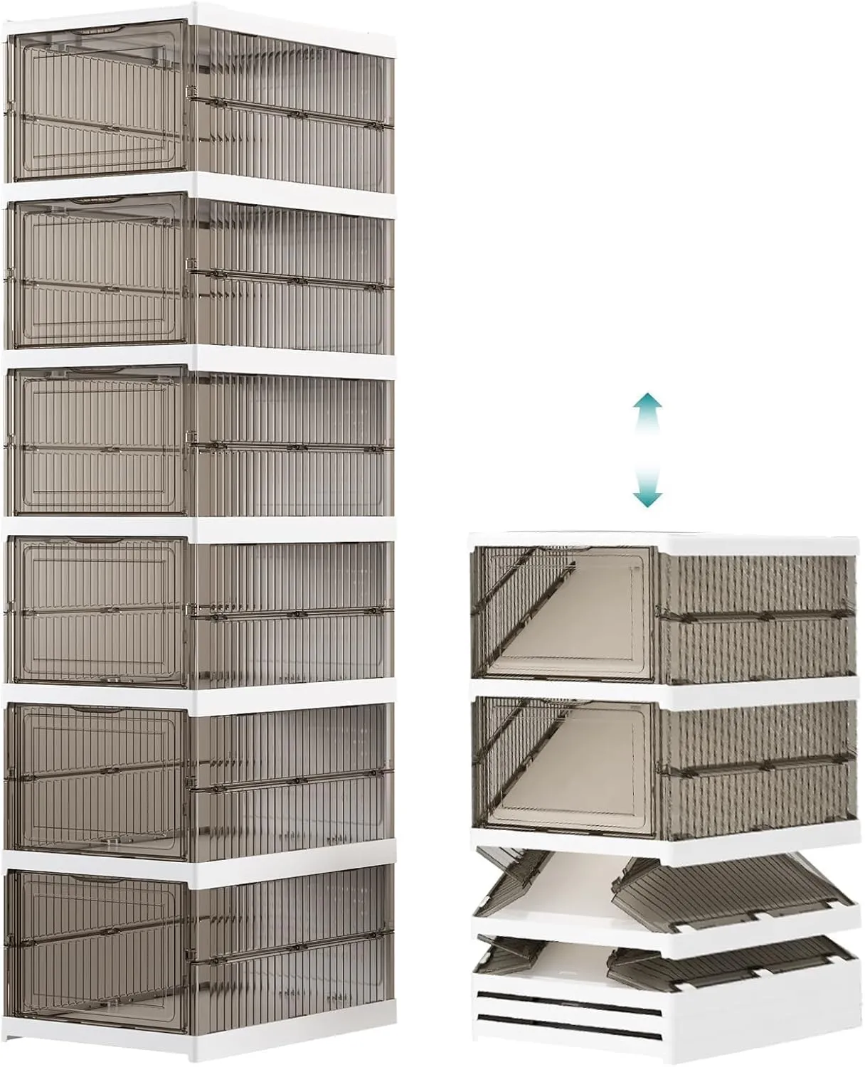 Drop Front Shoe Storage Box, No Assembly Stackable Shoe Organizer Storage Bin with Clear Door, Free Standing Shoe Shelf Cabinet with Lid, Plastic Shoe Rack for Closet Entryway, 6 Tier