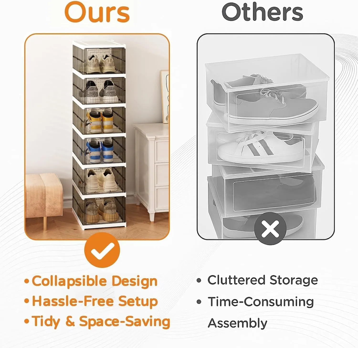 Drop Front Shoe Storage Box, No Assembly Stackable Shoe Organizer Storage Bin with Clear Door, Free Standing Shoe Shelf Cabinet with Lid, Plastic Shoe Rack for Closet Entryway, 6 Tier
