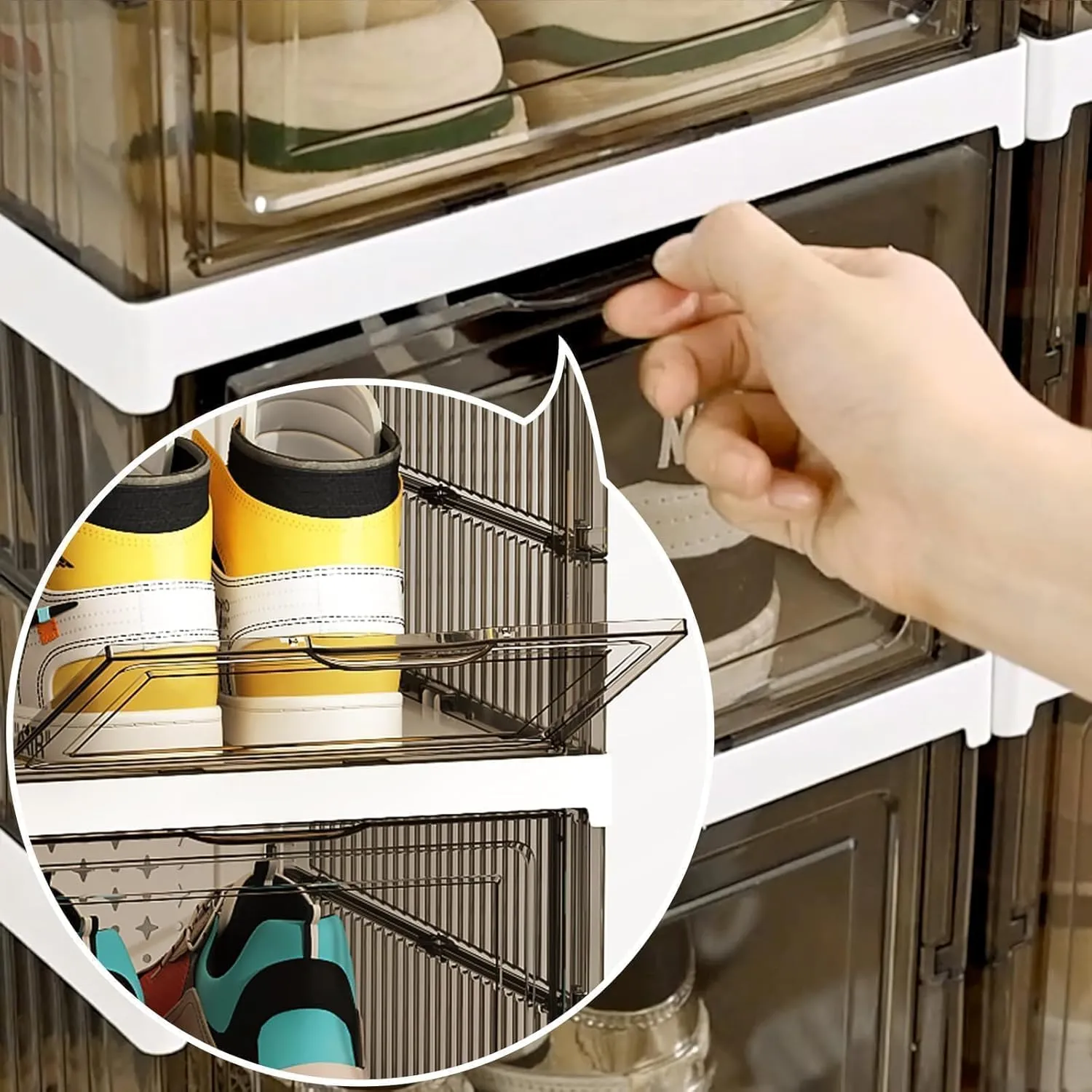 Drop Front Shoe Storage Box, No Assembly Stackable Shoe Organizer Storage Bin with Clear Door, Free Standing Shoe Shelf Cabinet with Lid, Plastic Shoe Rack for Closet Entryway, 6 Tier