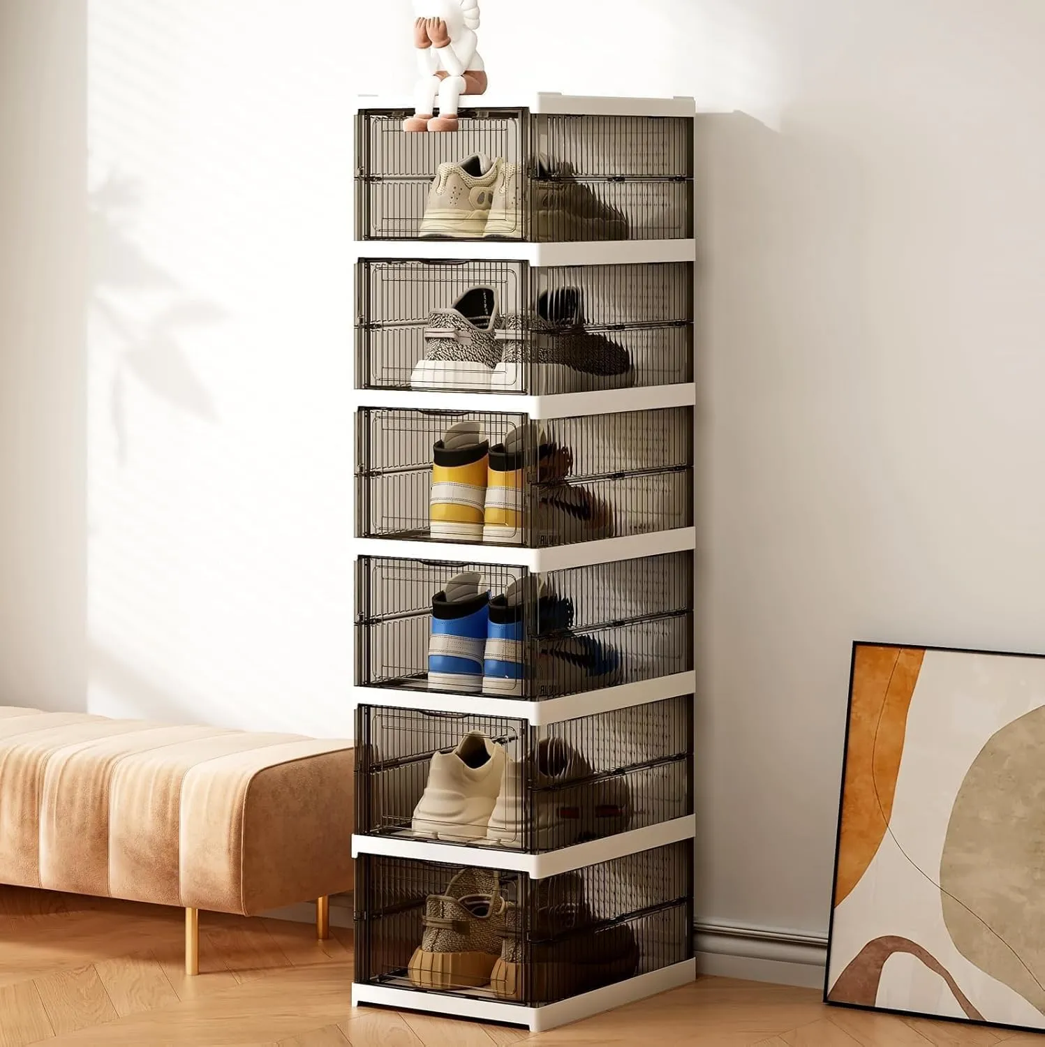 Drop Front Shoe Storage Box, No Assembly Stackable Shoe Organizer Storage Bin with Clear Door, Free Standing Shoe Shelf Cabinet with Lid, Plastic Shoe Rack for Closet Entryway, 6 Tier
