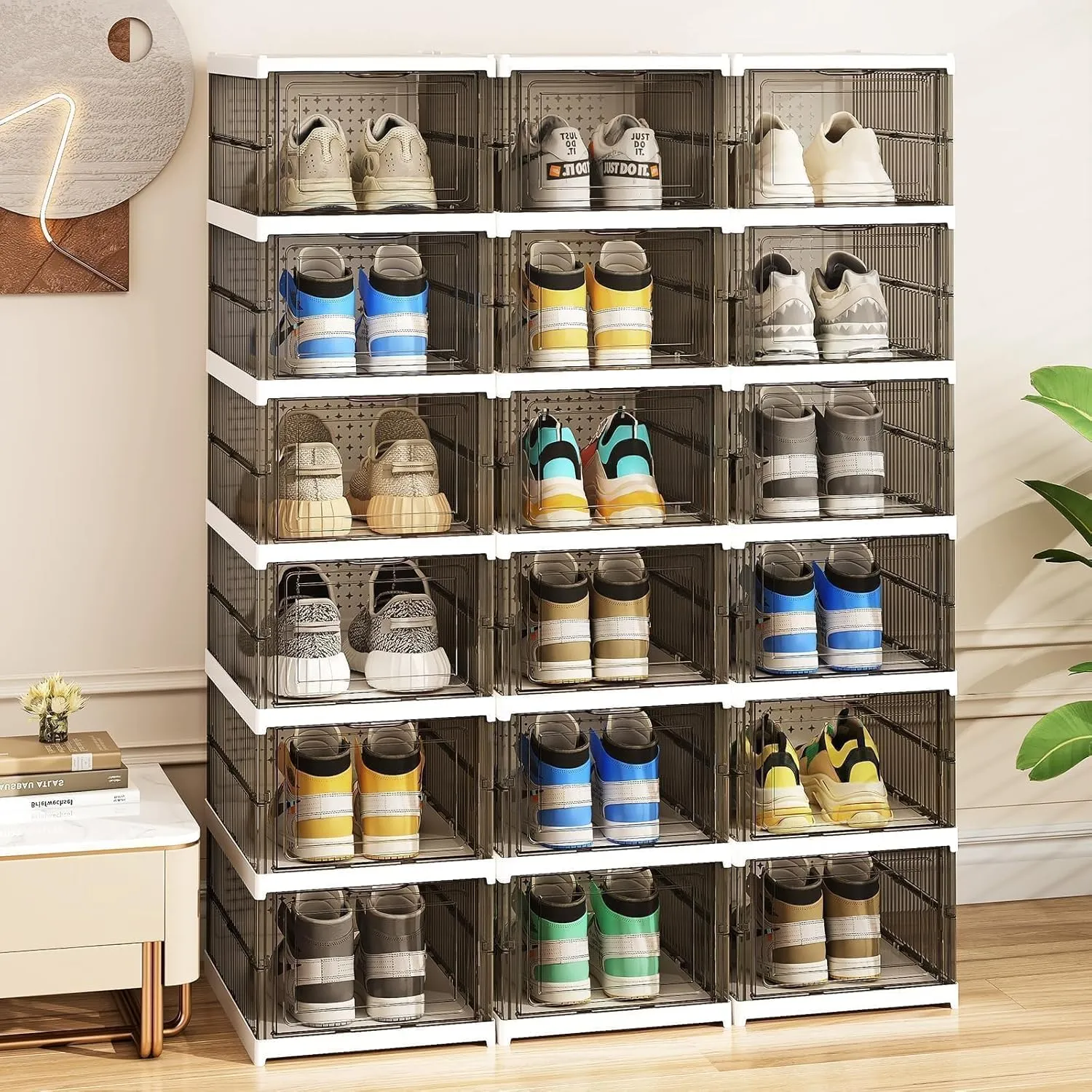 Drop Front Shoe Storage Box, No Assembly Stackable Shoe Organizer Storage Bin with Clear Door, Free Standing Shoe Shelf Cabinet with Lid, Plastic Shoe Rack for Closet Entryway, 6 Tier