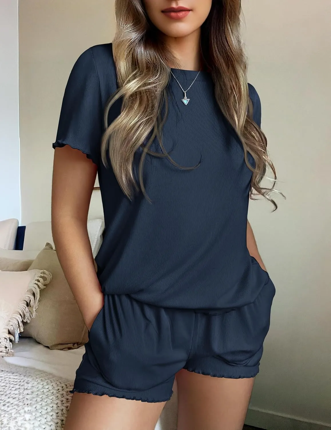 Ekouaer Womens Pajamas 2 Piece Ribbed Knit Pjs Short Sleeve Sleepwear Set Summer Soft Pajamas Set Casual Lounge Sets