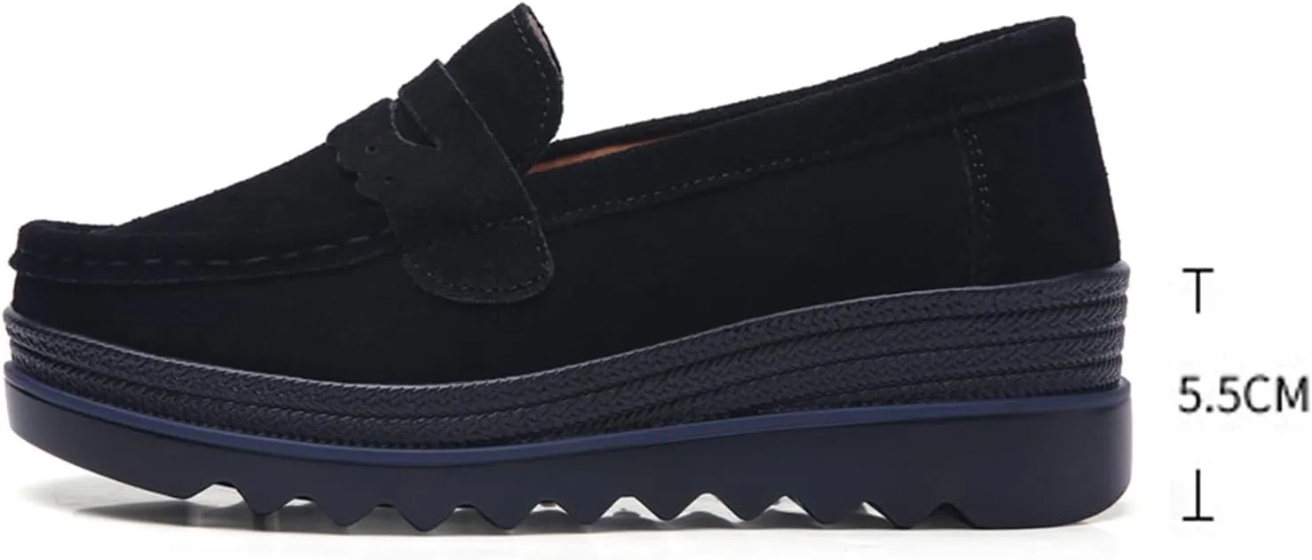 EnllerviiD Women's Platform Loafers Slip-On Comfortable Suede Moccasins Wedge Penny Loafers Thick Soft Platform Lightweight Casual Business Work Shoes