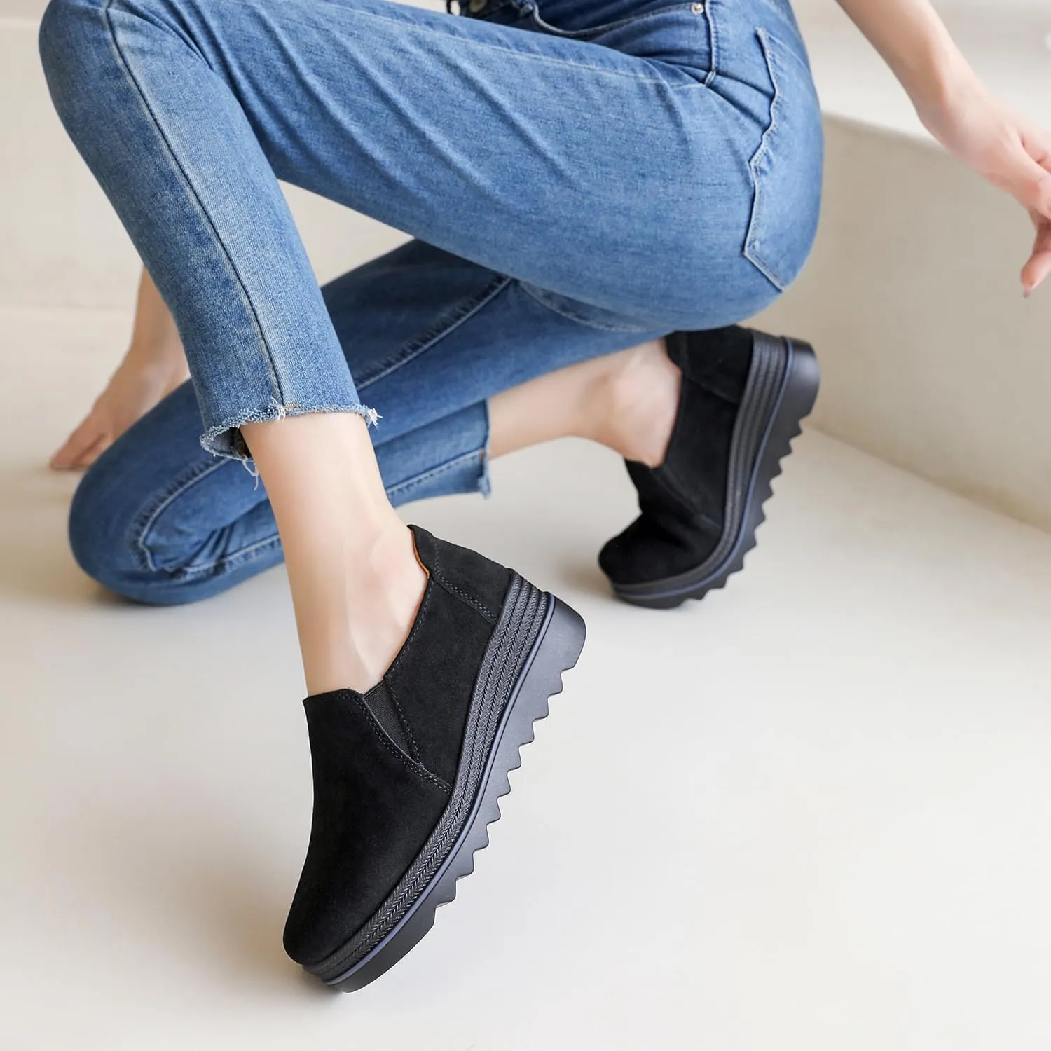 EnllerviiD Women's Platform Loafers Slip-On Comfortable Suede Moccasins Wedge Penny Loafers Thick Soft Platform Lightweight Casual Business Work Shoes