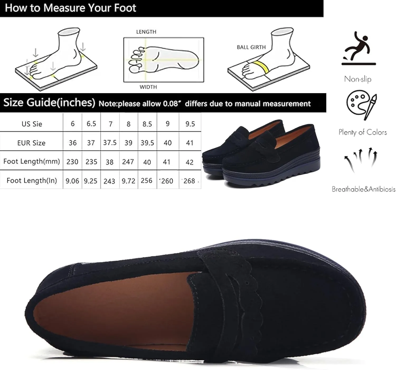EnllerviiD Women's Platform Loafers Slip-On Comfortable Suede Moccasins Wedge Penny Loafers Thick Soft Platform Lightweight Casual Business Work Shoes