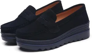 EnllerviiD Women's Platform Loafers Slip-On Comfortable Suede Moccasins Wedge Penny Loafers Thick Soft Platform Lightweight Casual Business Work Shoes