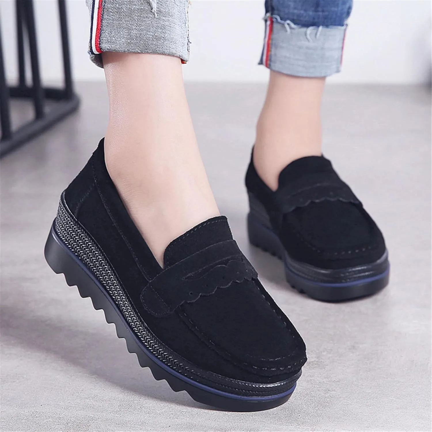 EnllerviiD Women's Platform Loafers Slip-On Comfortable Suede Moccasins Wedge Penny Loafers Thick Soft Platform Lightweight Casual Business Work Shoes