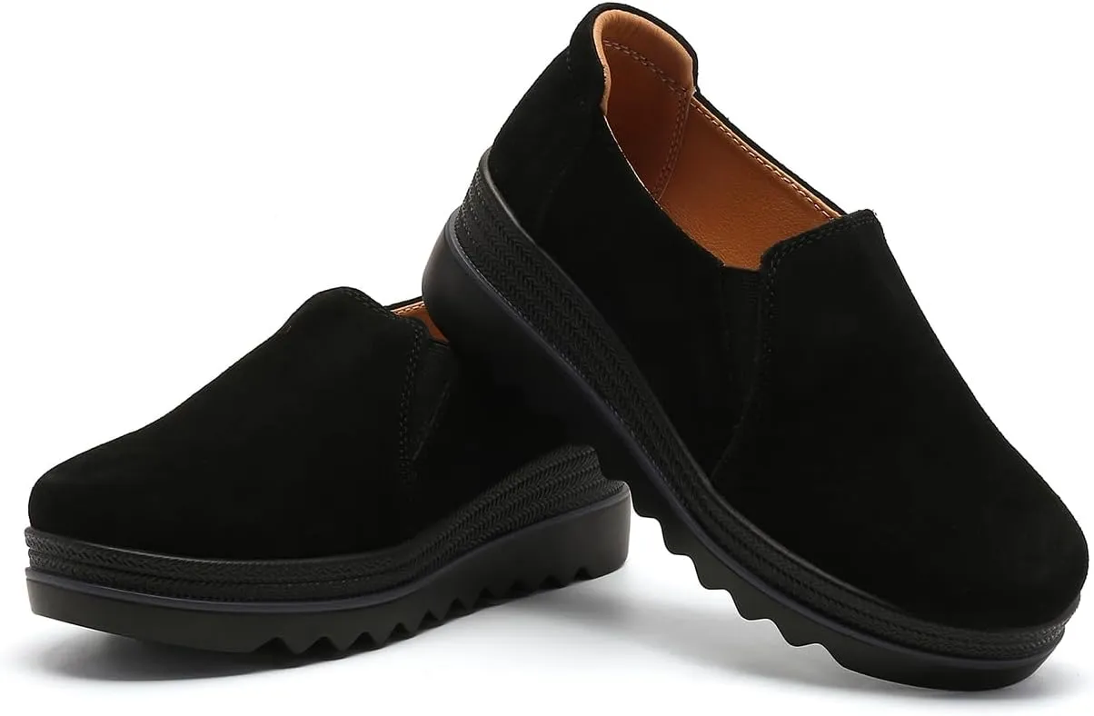EnllerviiD Women's Platform Loafers Slip-On Comfortable Suede Moccasins Wedge Penny Loafers Thick Soft Platform Lightweight Casual Business Work Shoes
