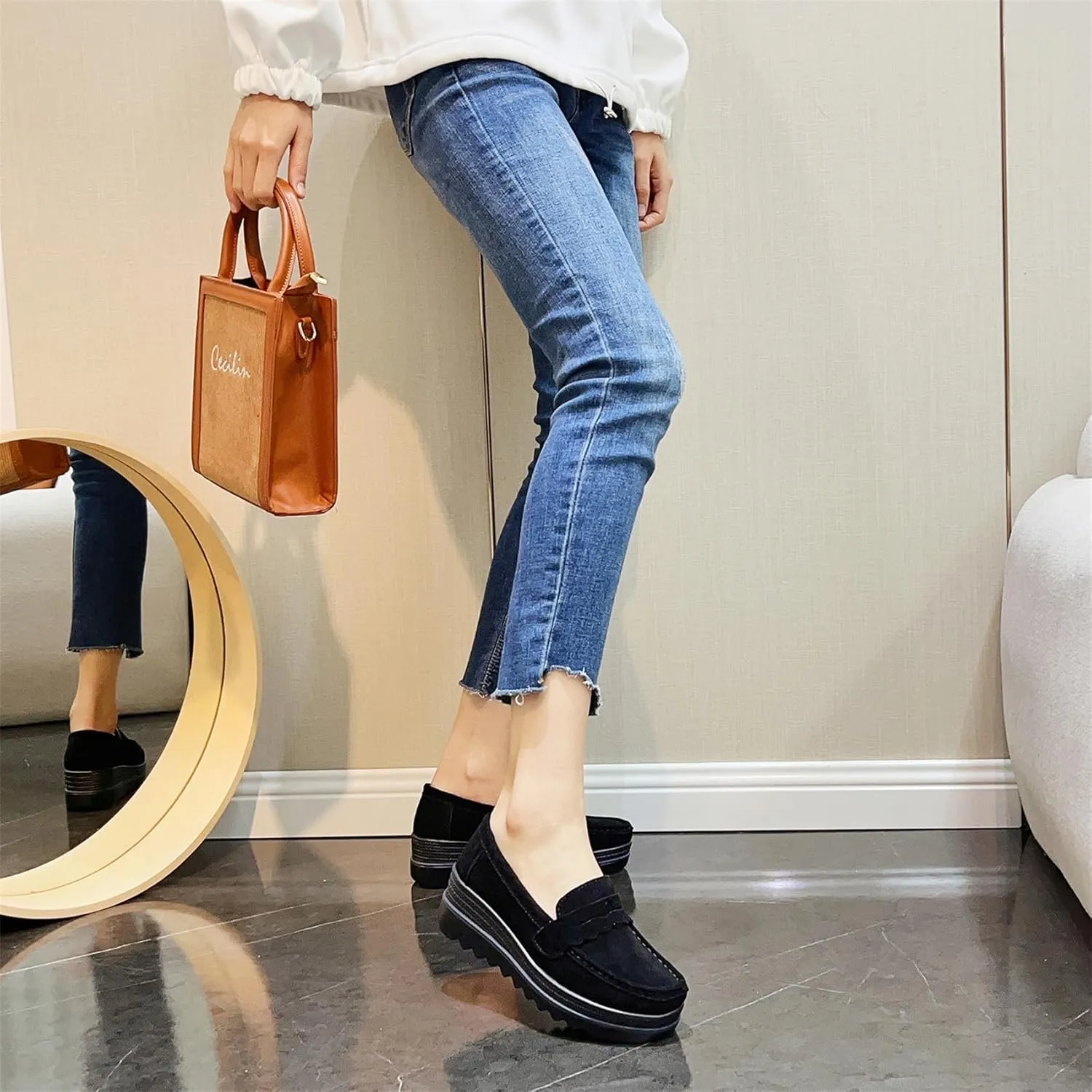EnllerviiD Women's Platform Loafers Slip-On Comfortable Suede Moccasins Wedge Penny Loafers Thick Soft Platform Lightweight Casual Business Work Shoes