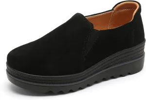 EnllerviiD Women's Platform Loafers Slip-On Comfortable Suede Moccasins Wedge Penny Loafers Thick Soft Platform Lightweight Casual Business Work Shoes
