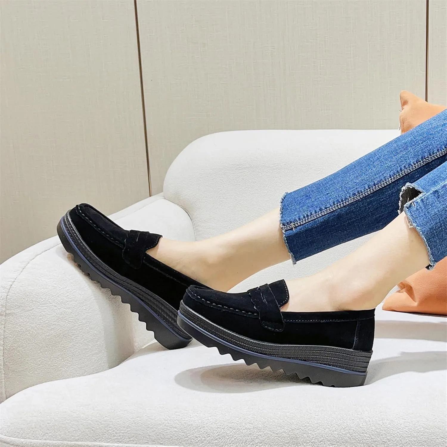 EnllerviiD Women's Platform Loafers Slip-On Comfortable Suede Moccasins Wedge Penny Loafers Thick Soft Platform Lightweight Casual Business Work Shoes