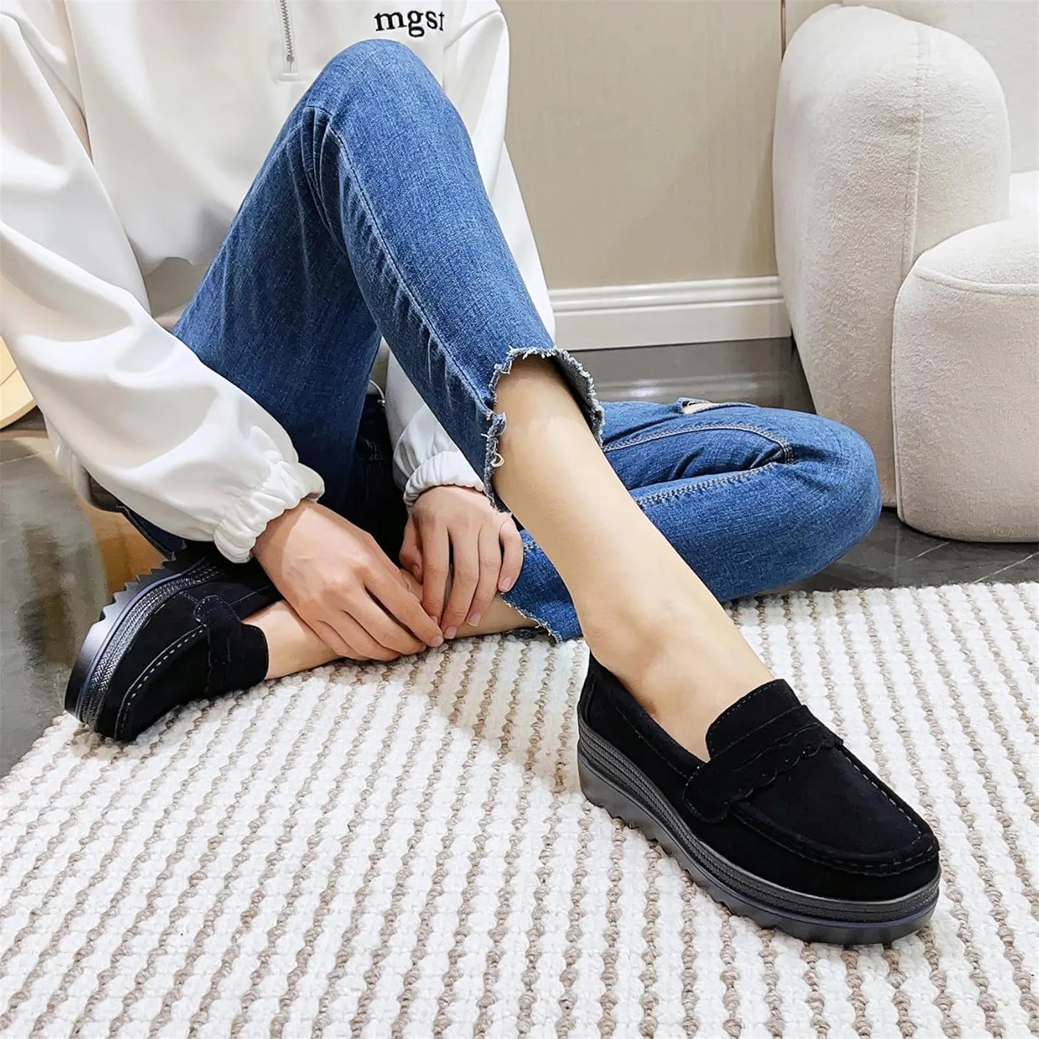 EnllerviiD Women's Platform Loafers Slip-On Comfortable Suede Moccasins Wedge Penny Loafers Thick Soft Platform Lightweight Casual Business Work Shoes