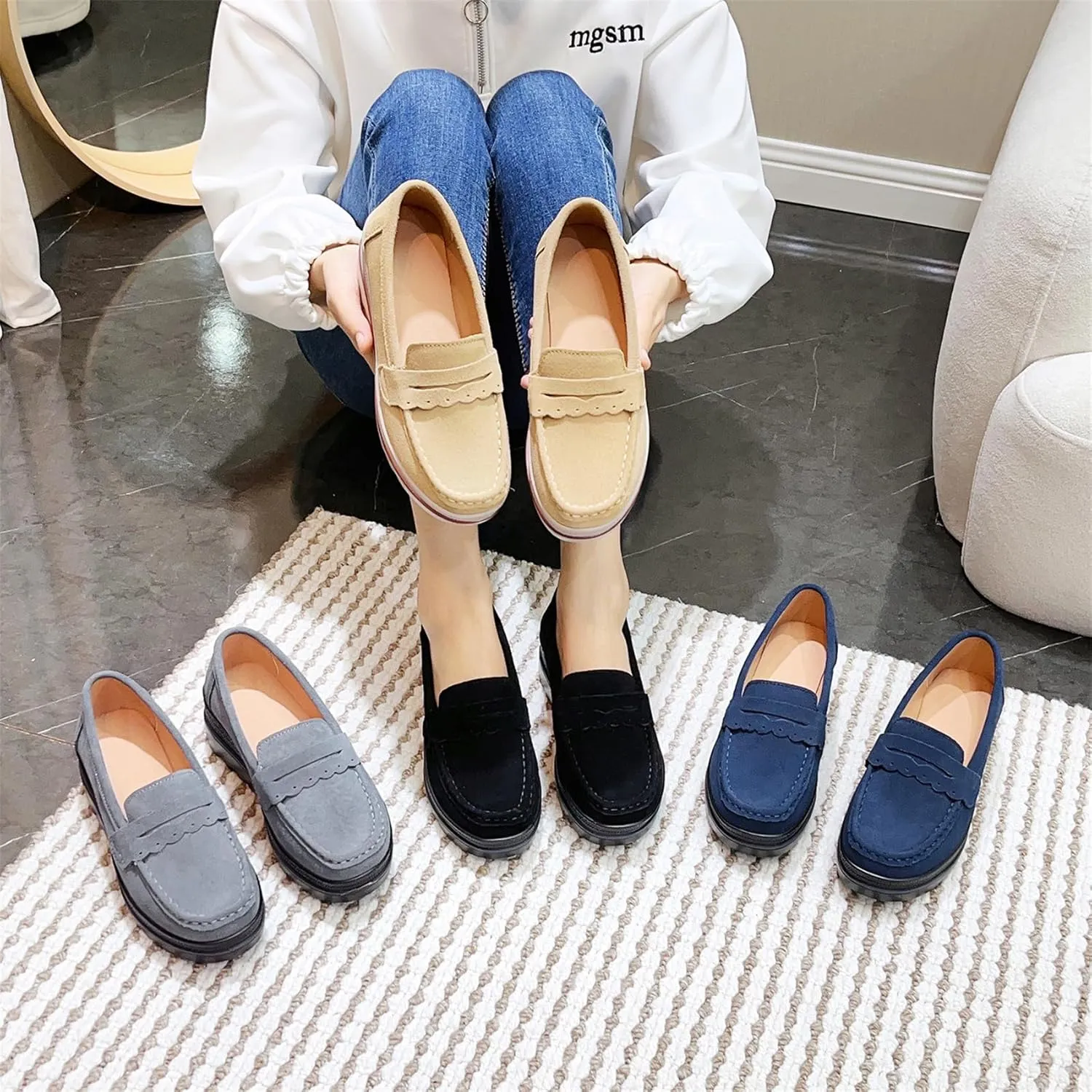 EnllerviiD Women's Platform Loafers Slip-On Comfortable Suede Moccasins Wedge Penny Loafers Thick Soft Platform Lightweight Casual Business Work Shoes