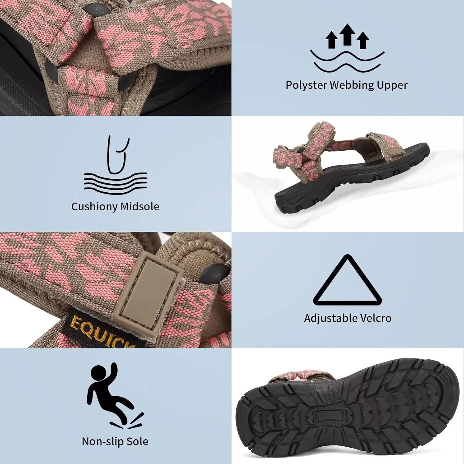 EQUICK Sport Sandals for Women, Open Toe Strap Sandal Anti-skidding Outdoor Water Sandals Comfortable Athletic Sandals for Beach