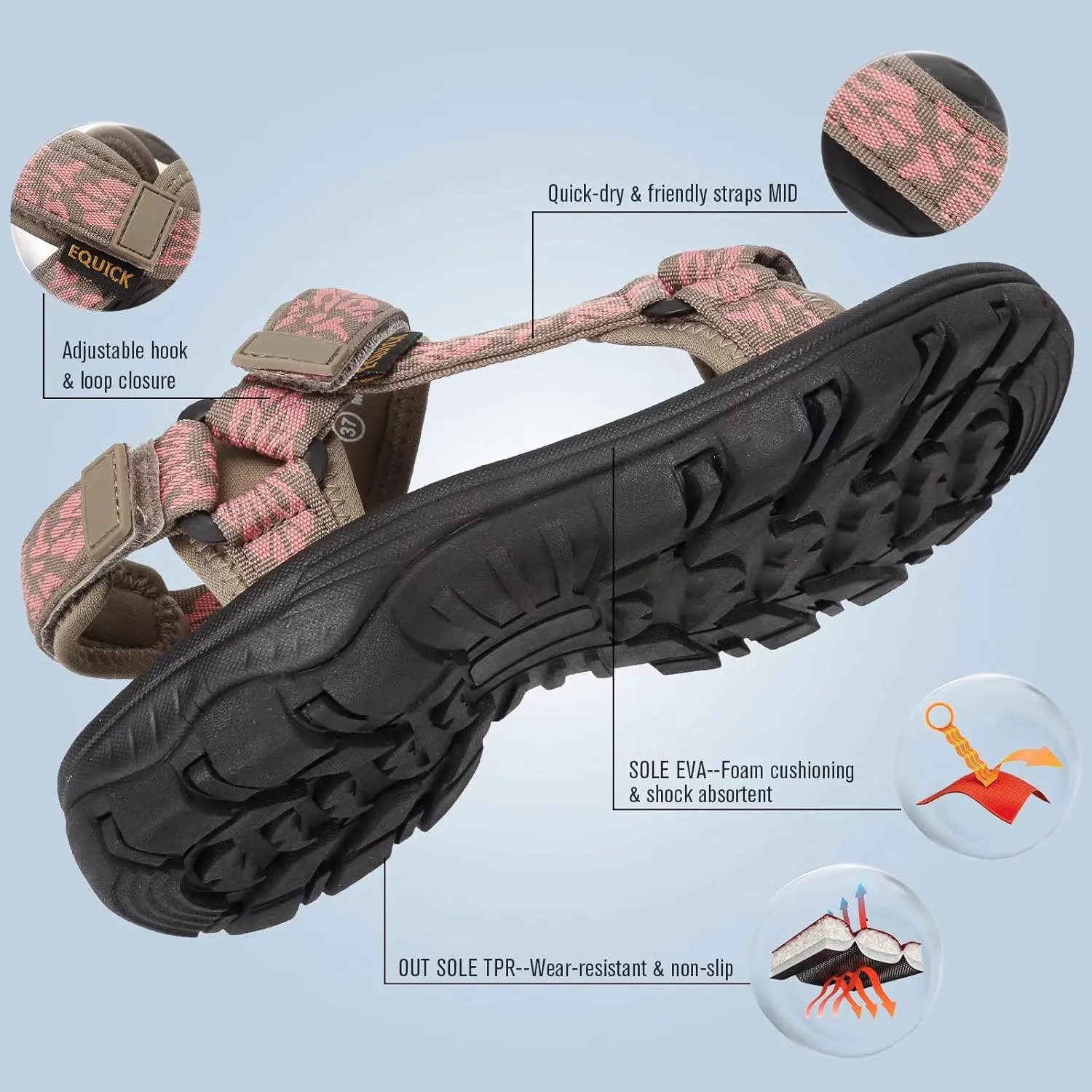 EQUICK Sport Sandals for Women, Open Toe Strap Sandal Anti-skidding Outdoor Water Sandals Comfortable Athletic Sandals for Beach