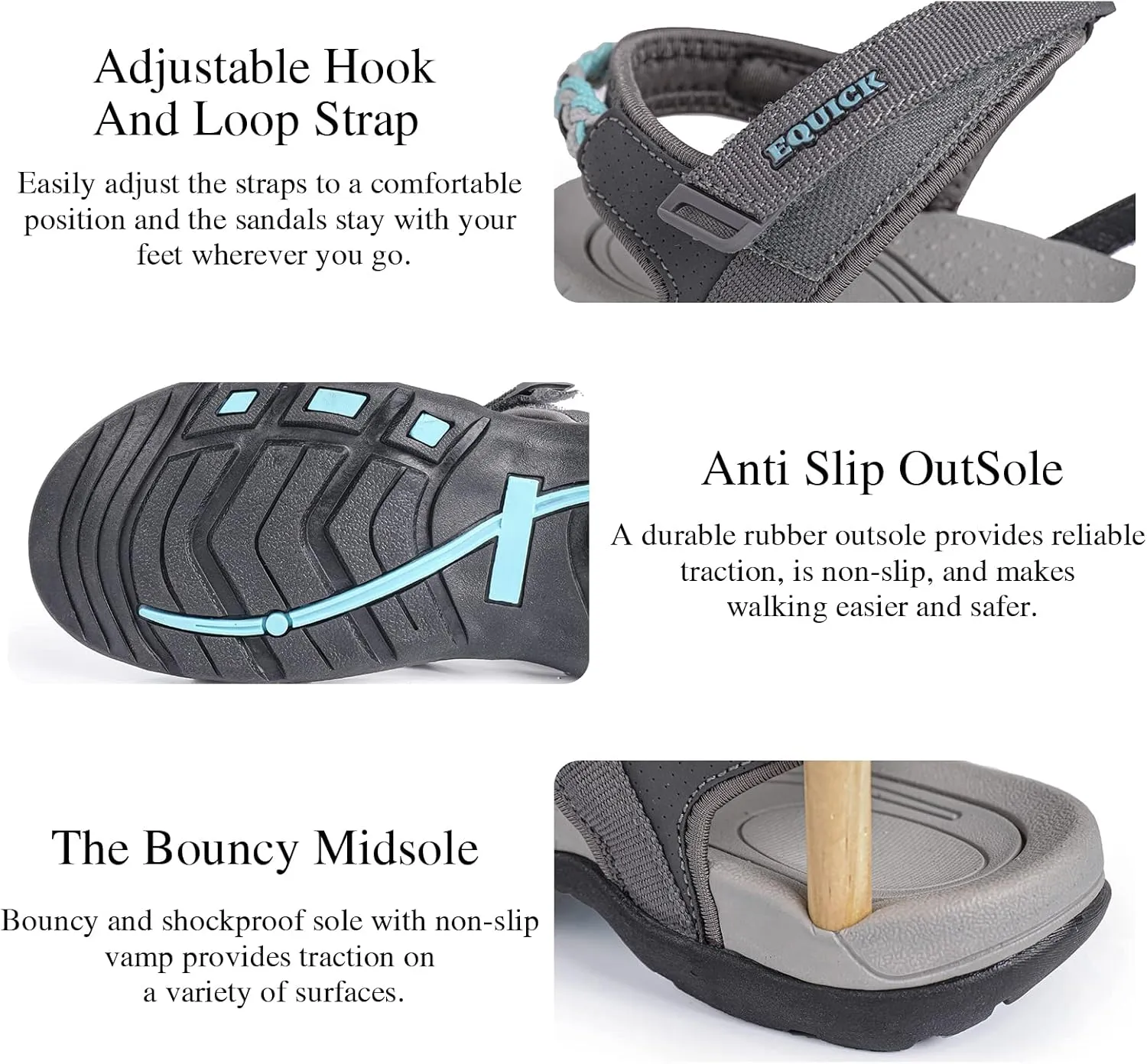 EQUICK Women Hiking Sandals Comfortable Walking Hook Loop Strap Sandals Beach Vacation Casual Sport Sandal