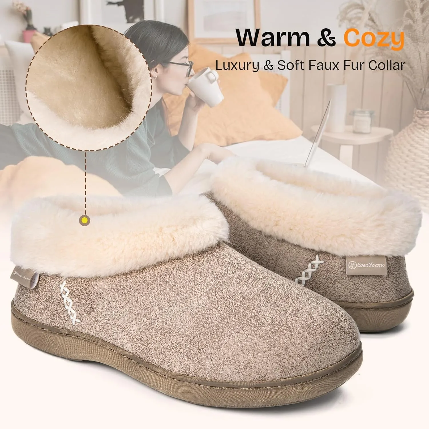 EverFoams Women's Micro Suede Cozy Memory Foam Winter Slippers with Fuzzy Faux Fur Collar and Indoor Outdoor Rubber Sole