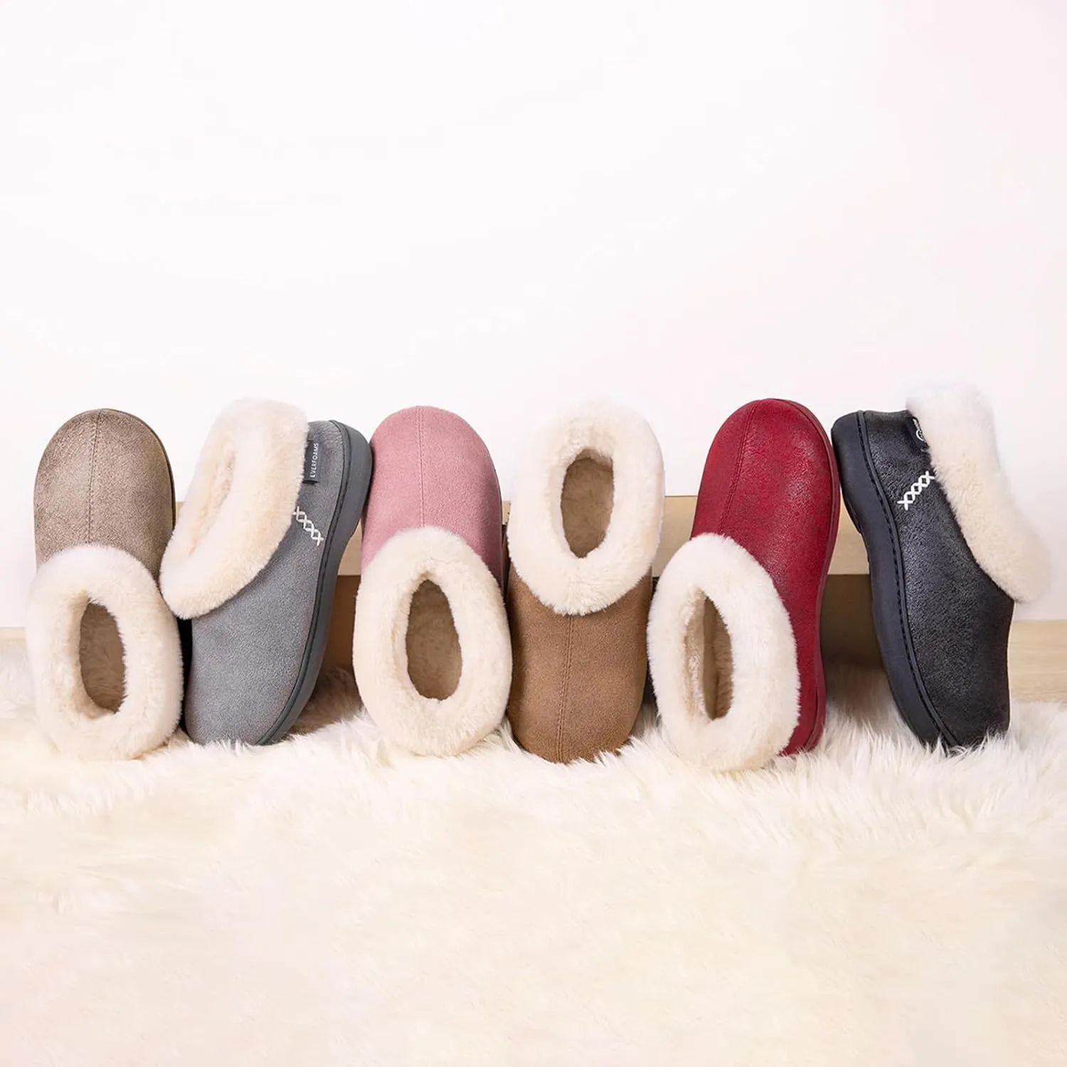 EverFoams Women's Micro Suede Cozy Memory Foam Winter Slippers with Fuzzy Faux Fur Collar and Indoor Outdoor Rubber Sole