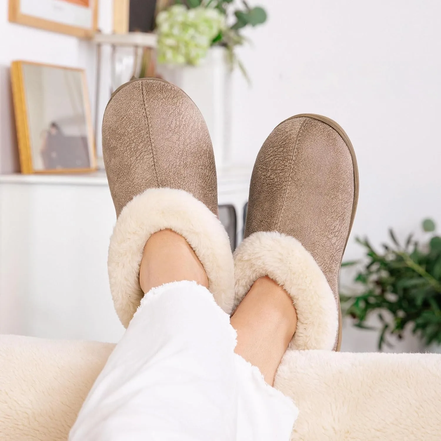 EverFoams Women's Micro Suede Cozy Memory Foam Winter Slippers with Fuzzy Faux Fur Collar and Indoor Outdoor Rubber Sole