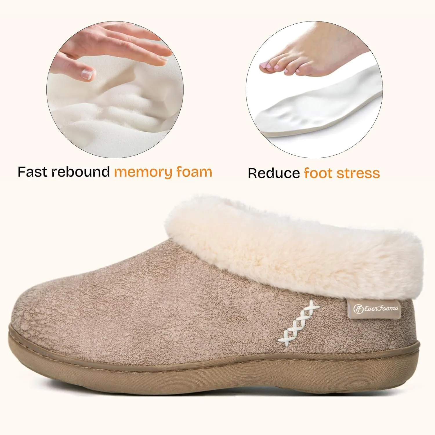 EverFoams Women's Micro Suede Cozy Memory Foam Winter Slippers with Fuzzy Faux Fur Collar and Indoor Outdoor Rubber Sole