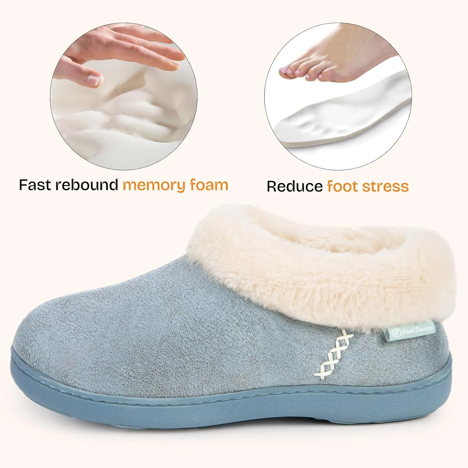 EverFoams Women's Micro Suede Cozy Memory Foam Winter Slippers with Fuzzy Faux Fur Collar and Indoor Outdoor Rubber Sole