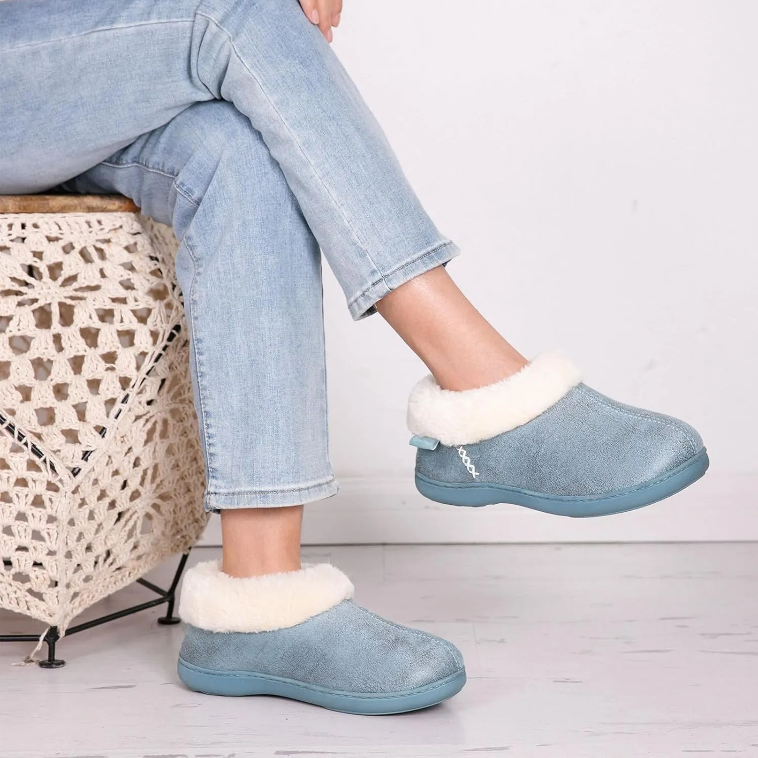 EverFoams Women's Micro Suede Cozy Memory Foam Winter Slippers with Fuzzy Faux Fur Collar and Indoor Outdoor Rubber Sole