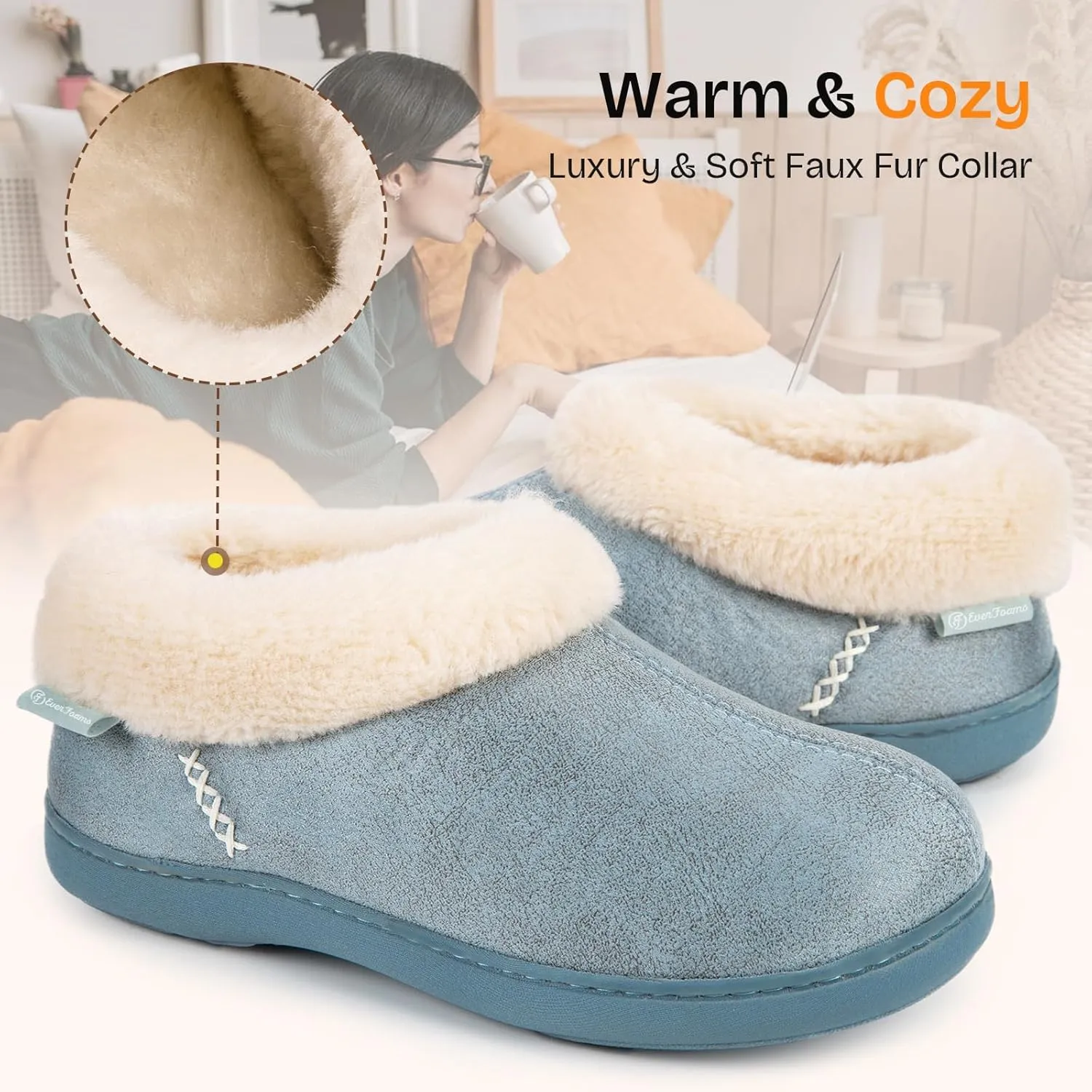 EverFoams Women's Micro Suede Cozy Memory Foam Winter Slippers with Fuzzy Faux Fur Collar and Indoor Outdoor Rubber Sole
