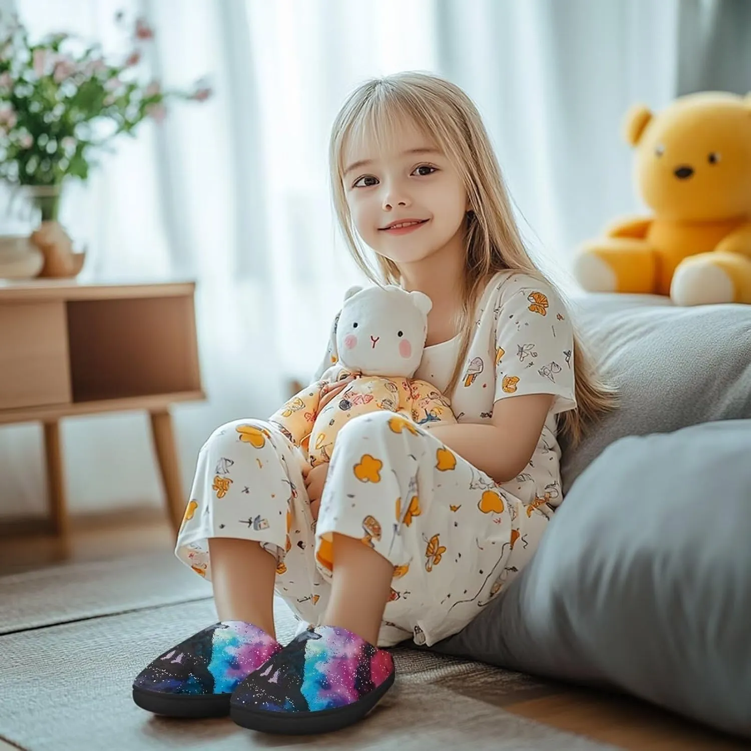 Flannel Slippers for Kids, Closed Toe Fluffy Slippers for Winter, Comfy Soft Home Slippers for Walking