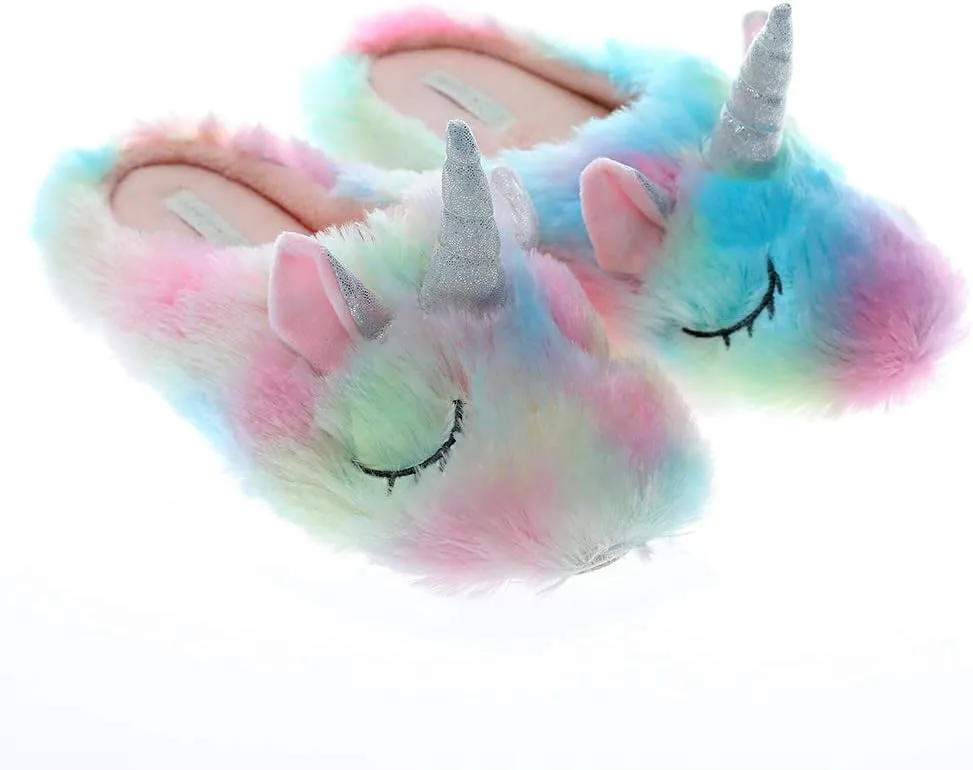 Fluffy Rainbow Unicorn Slippers for Women Anti-Slip Slippers Unicorn Gifts for Girls