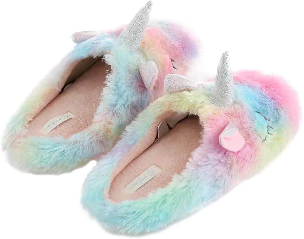 Fluffy Rainbow Unicorn Slippers for Women Anti-Slip Slippers Unicorn Gifts for Girls
