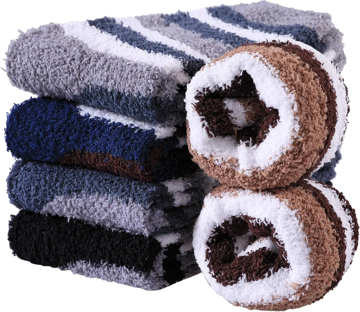 FNOVCO Mens Fuzzy Socks - Soft Cozy Slipper Fluffy Winter Warm Microfiber Plush Sleeping Socks - 5 to 6 Pairs