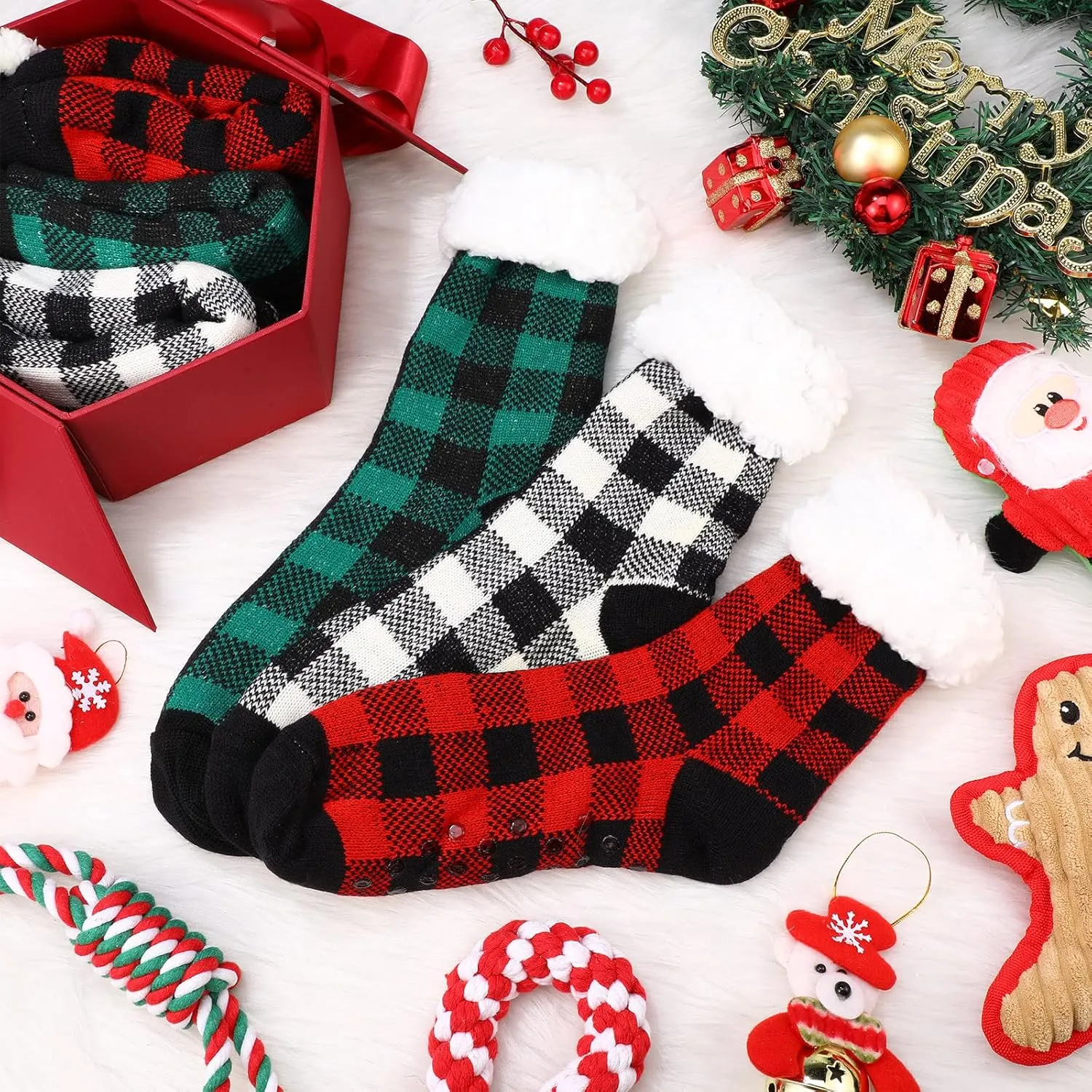 Foaincore 3 Pairs Christmas Women Slipper Socks 2024 Fuzzy Thermal Winter Socks Fluffy Thick Comfy Socks with Grippers
