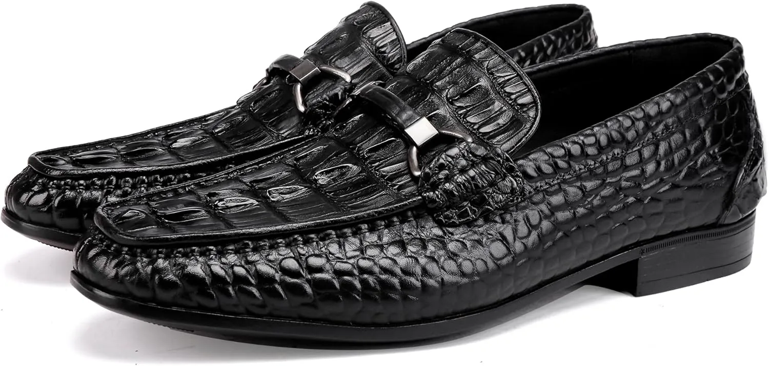 Formal Mens Leather Dress Shoes, Classic Ostrich Pattern Slip On Buckle Loafers Business Shoes Party Wedding Leather Loafers for Mens, Black