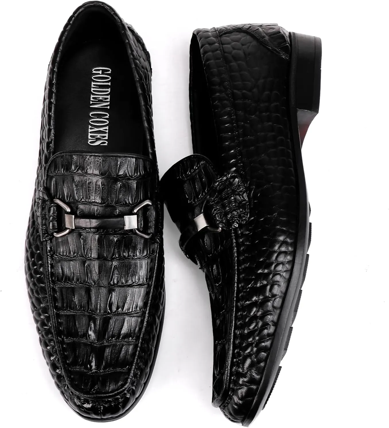 Formal Mens Leather Dress Shoes, Classic Ostrich Pattern Slip On Buckle Loafers Business Shoes Party Wedding Leather Loafers for Mens, Black