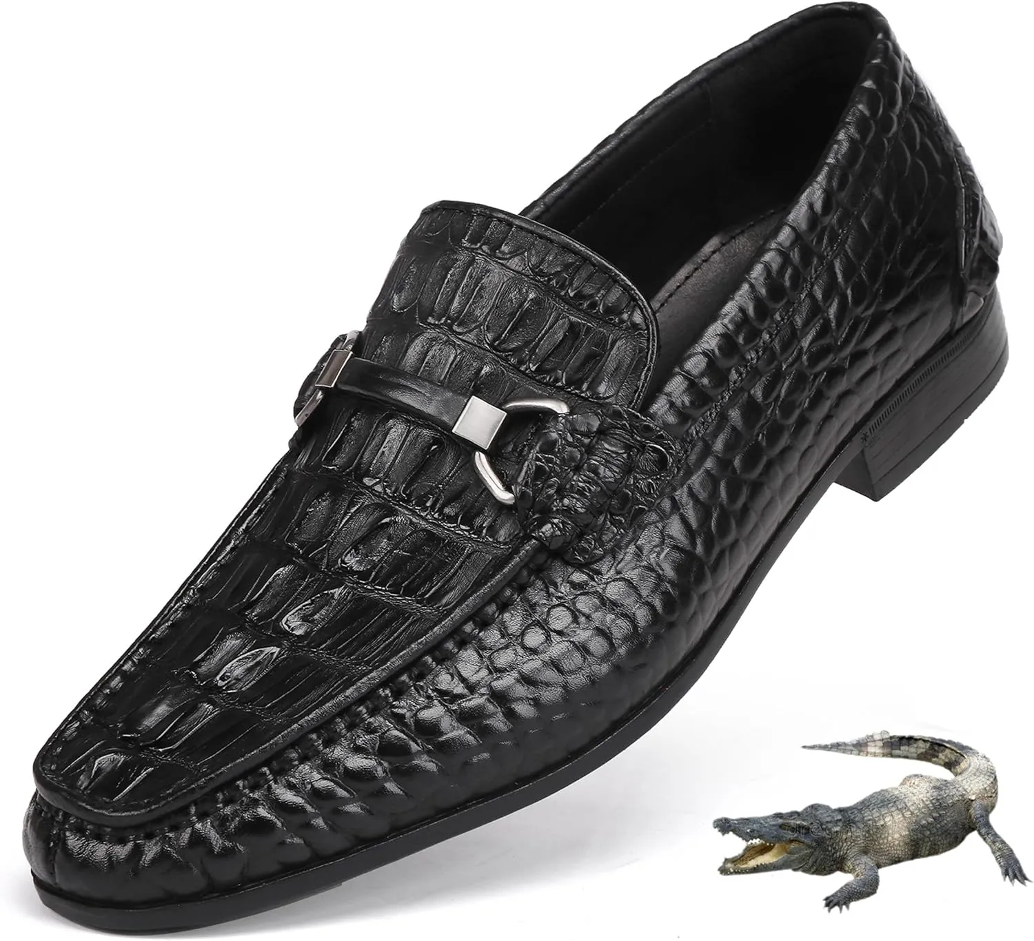 Formal Mens Leather Dress Shoes, Classic Ostrich Pattern Slip On Buckle Loafers Business Shoes Party Wedding Leather Loafers for Mens, Black