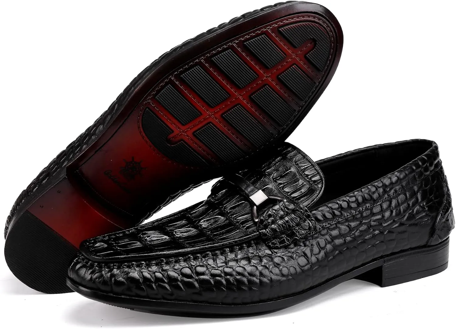 Formal Mens Leather Dress Shoes, Classic Ostrich Pattern Slip On Buckle Loafers Business Shoes Party Wedding Leather Loafers for Mens, Black