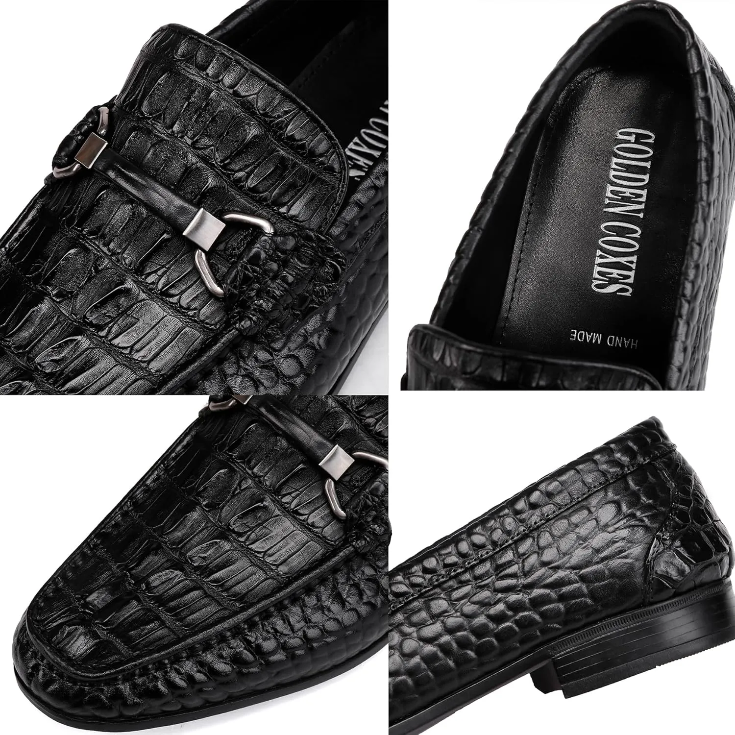 Formal Mens Leather Dress Shoes, Classic Ostrich Pattern Slip On Buckle Loafers Business Shoes Party Wedding Leather Loafers for Mens, Black