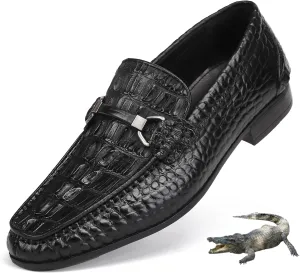 Formal Mens Leather Dress Shoes, Classic Ostrich Pattern Slip On Buckle Loafers Business Shoes Party Wedding Leather Loafers for Mens, Black