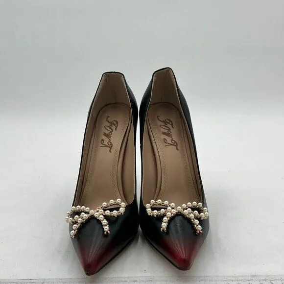 FOWT Black Pearl Bow Gradient Cap Toe Stiletto Pointed Toe Wedding Pumps